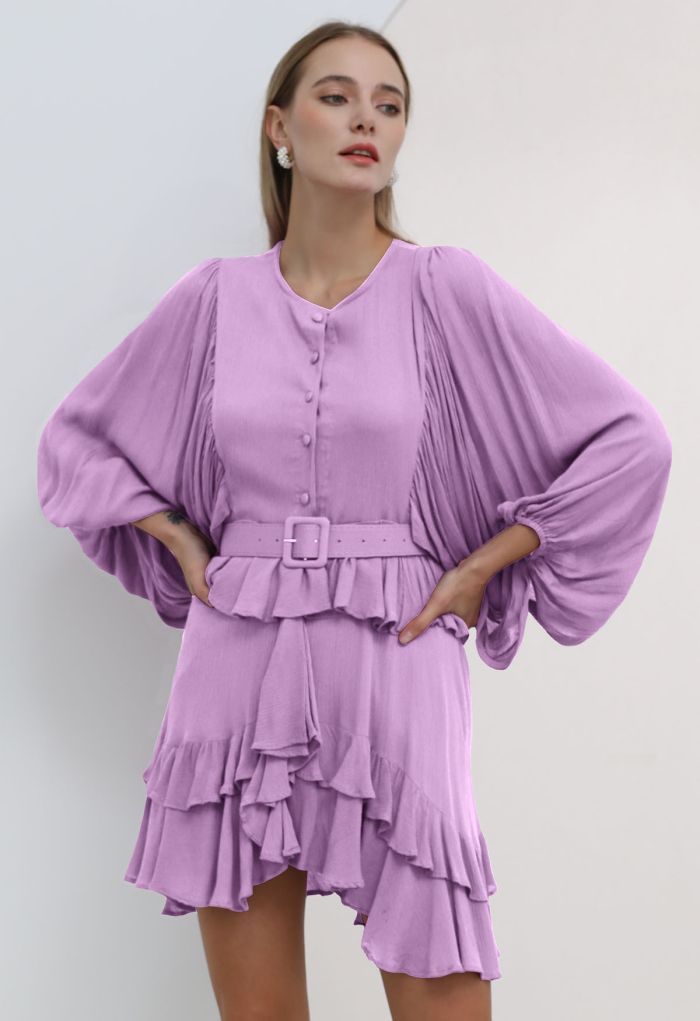 Exaggerated Bubble Sleeve Belted Ruffle Dress in Lilac