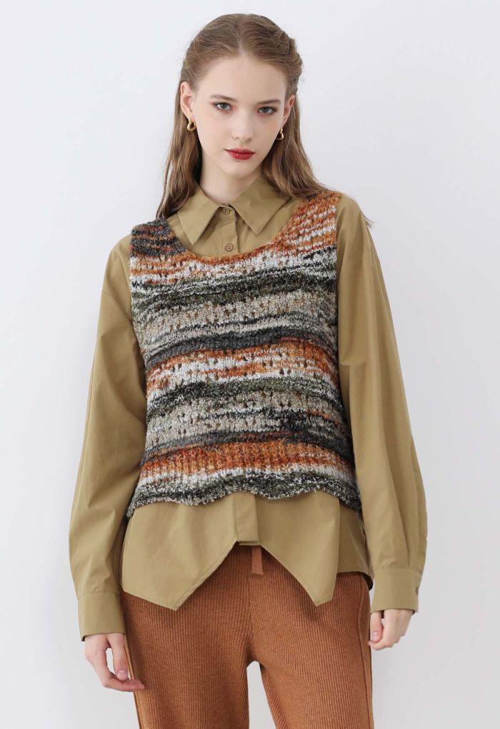Multicolor Stripes Hollow Out Knit Vest in Camel