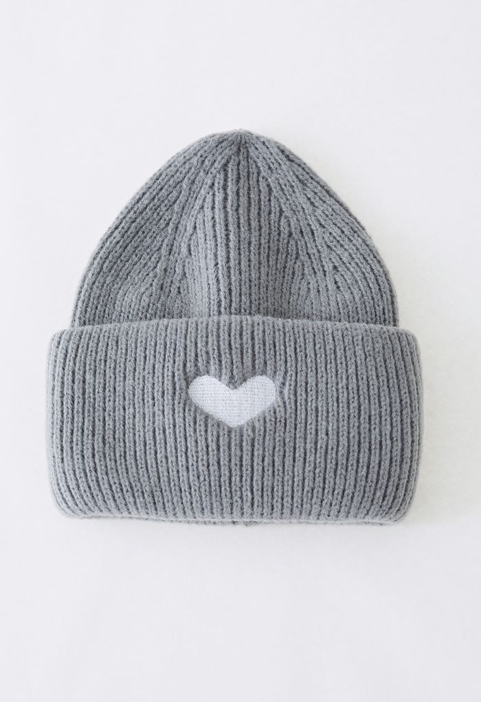 Heart Patch Folded Beanie Hat in Grey
