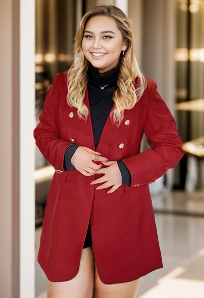 Collarless Golden Double-Breasted Blazer in Red