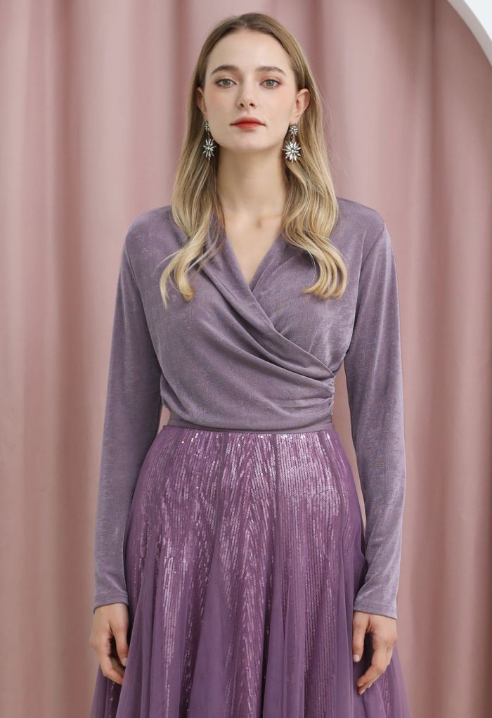 Ruched Waist Faux-Wrap Top in Lilac