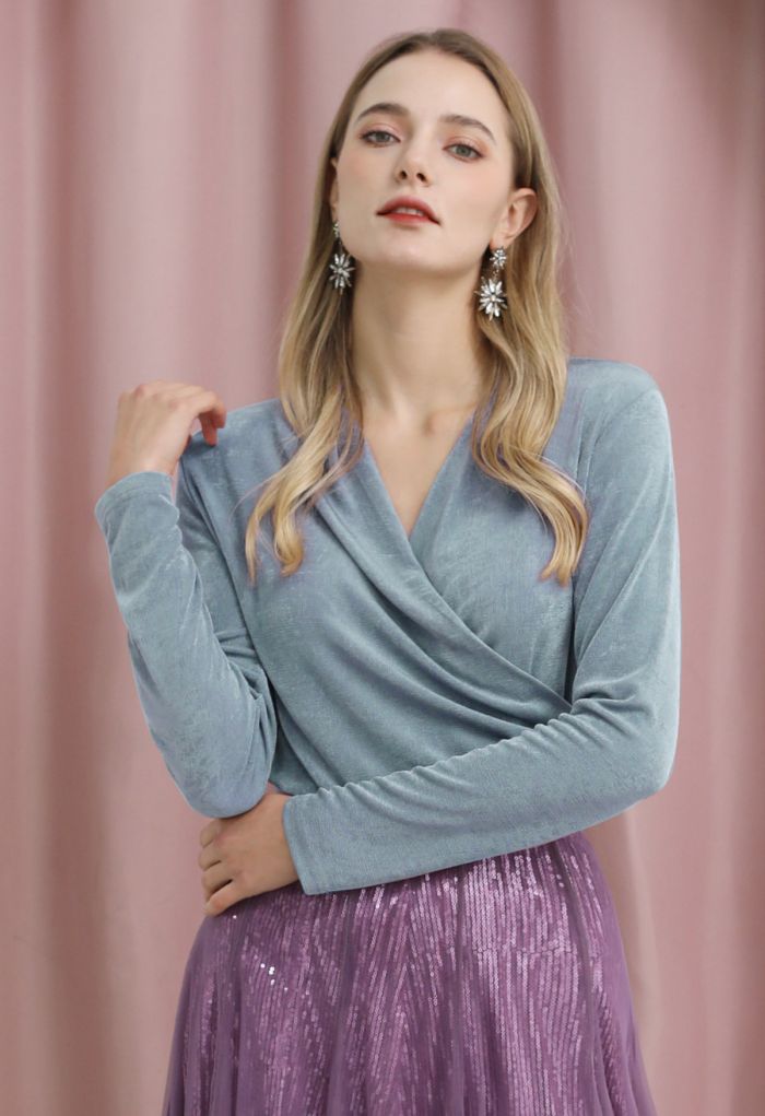 Ruched Waist Faux-Wrap Top in Dusty Blue