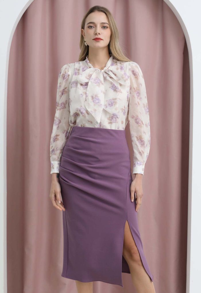 Side Pleat Front Slit Pencil Skirt