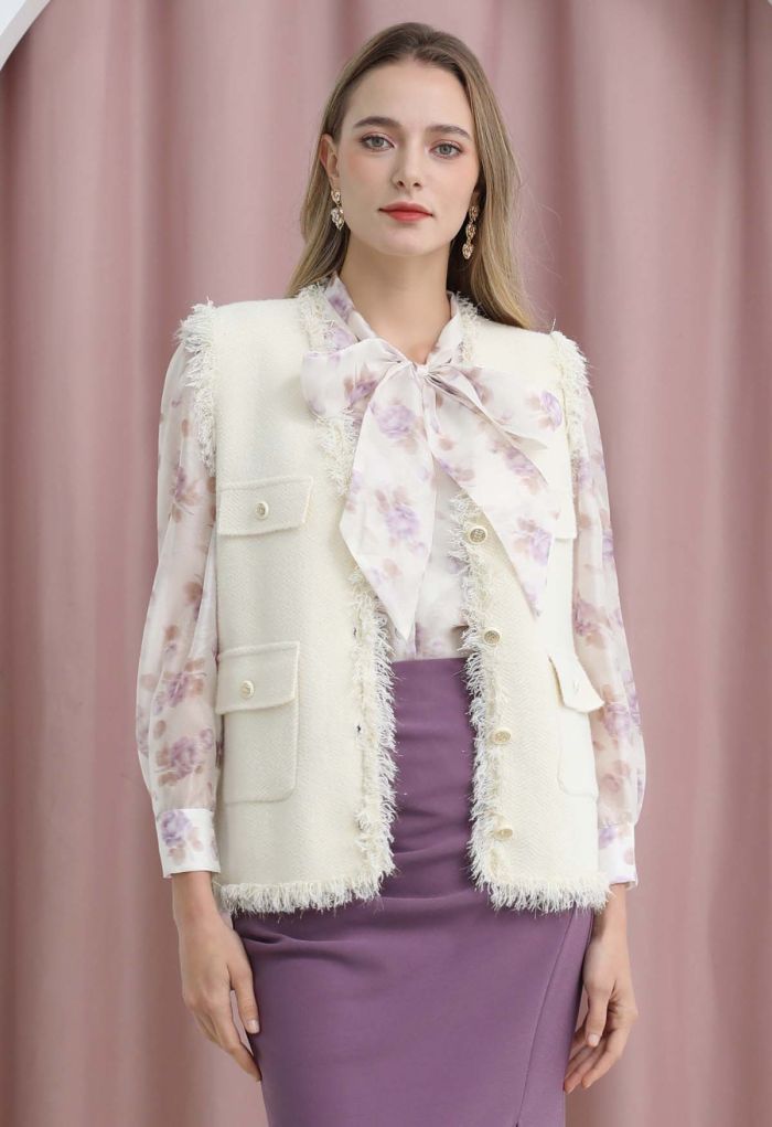 Fringed Edge Buttoned Flap Pocket Knit Vest in Cream