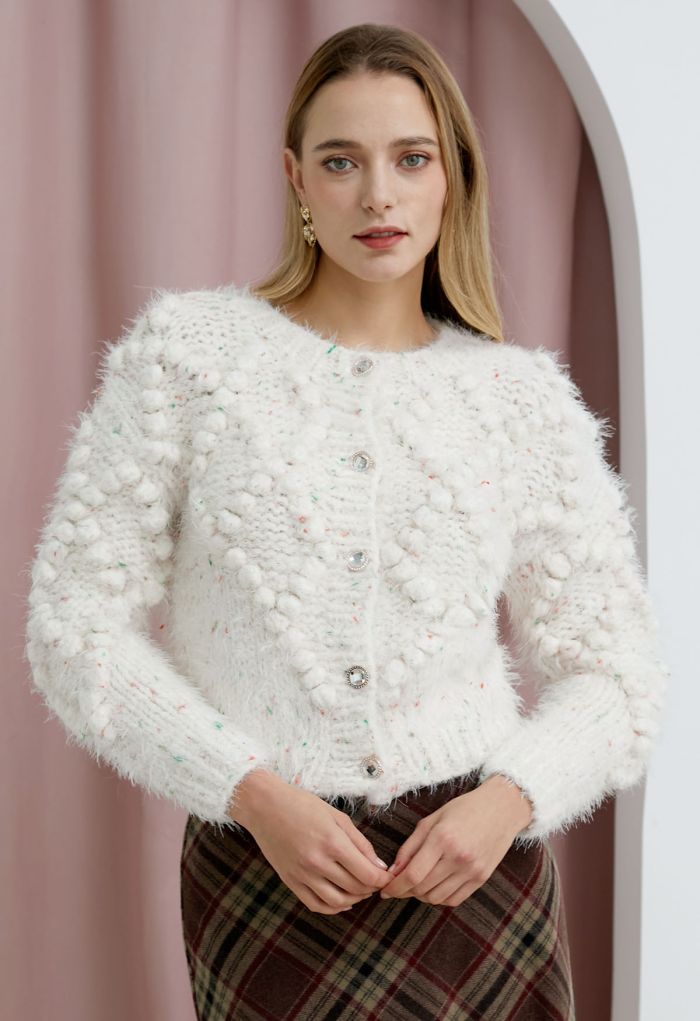 Mixknit Fuzzy Diamond Pom-Pom Knit Cardigan