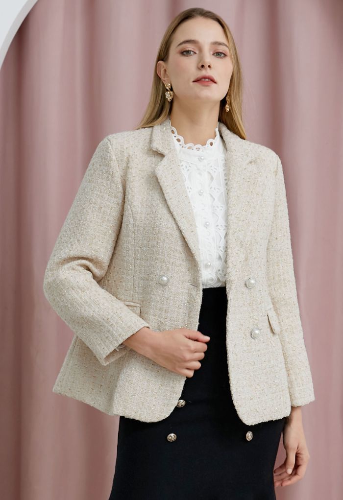 Metallic Tweed Double Breasted Blazer in Cream
