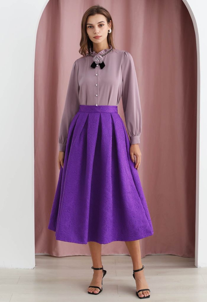 Noble Embossed Floral Jacquard Midi Skirt in Purple