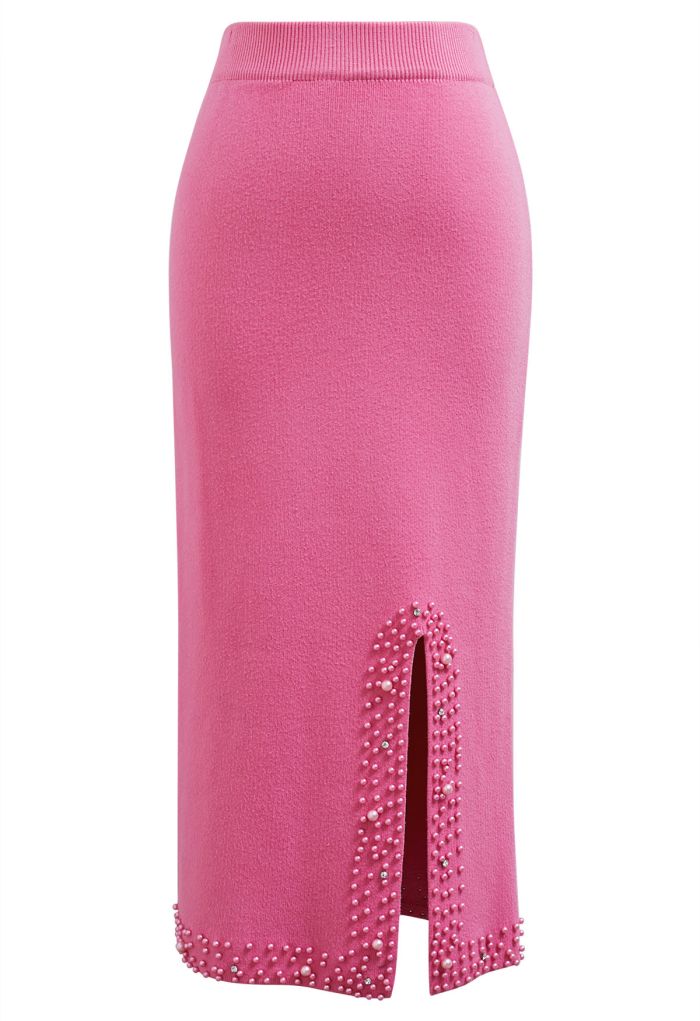 Pearl Embellished Slit Hem Knit Pencil Skirt in Hot Pink