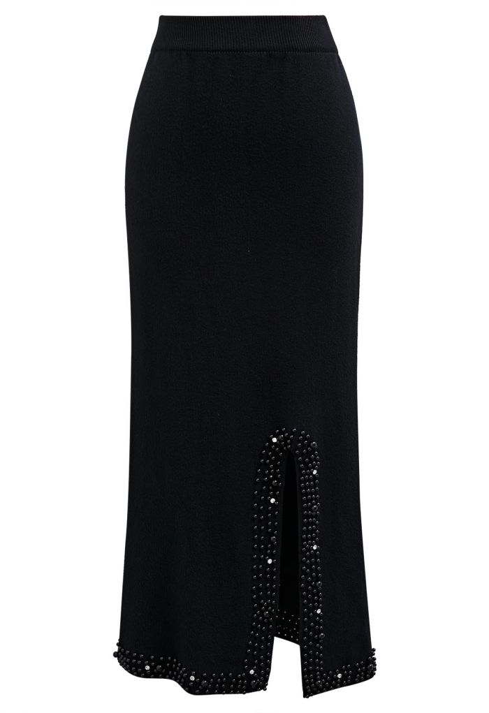 Pearl Embellished Slit Hem Knit Pencil Skirt in Black