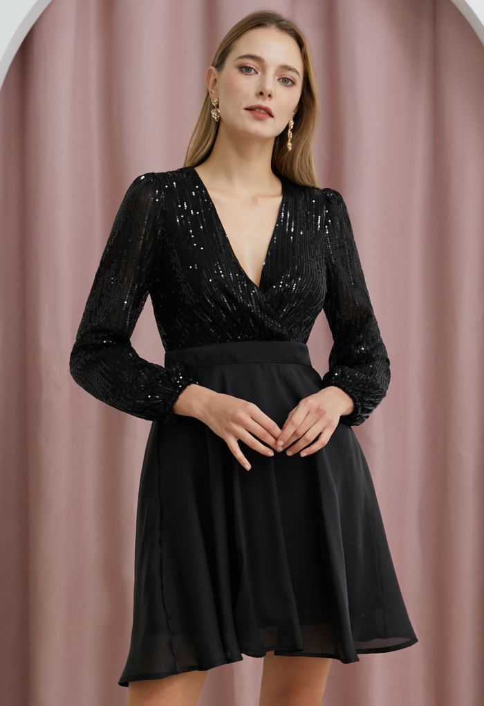 Plunging Spliced Sequined Skater Dress in Black