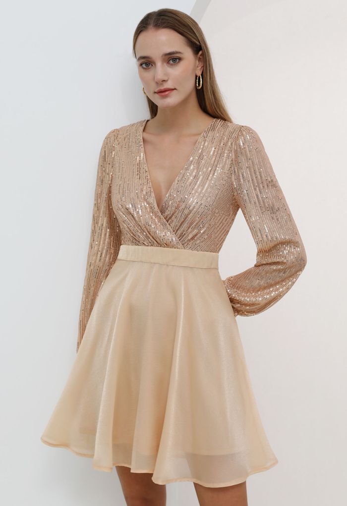 Plunging Spliced Sequined Skater Dress in Apricot