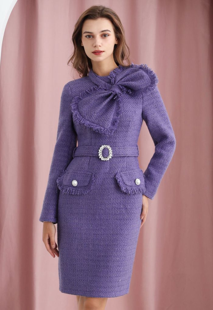 Bowknot Metallic Tweed Belted Dress