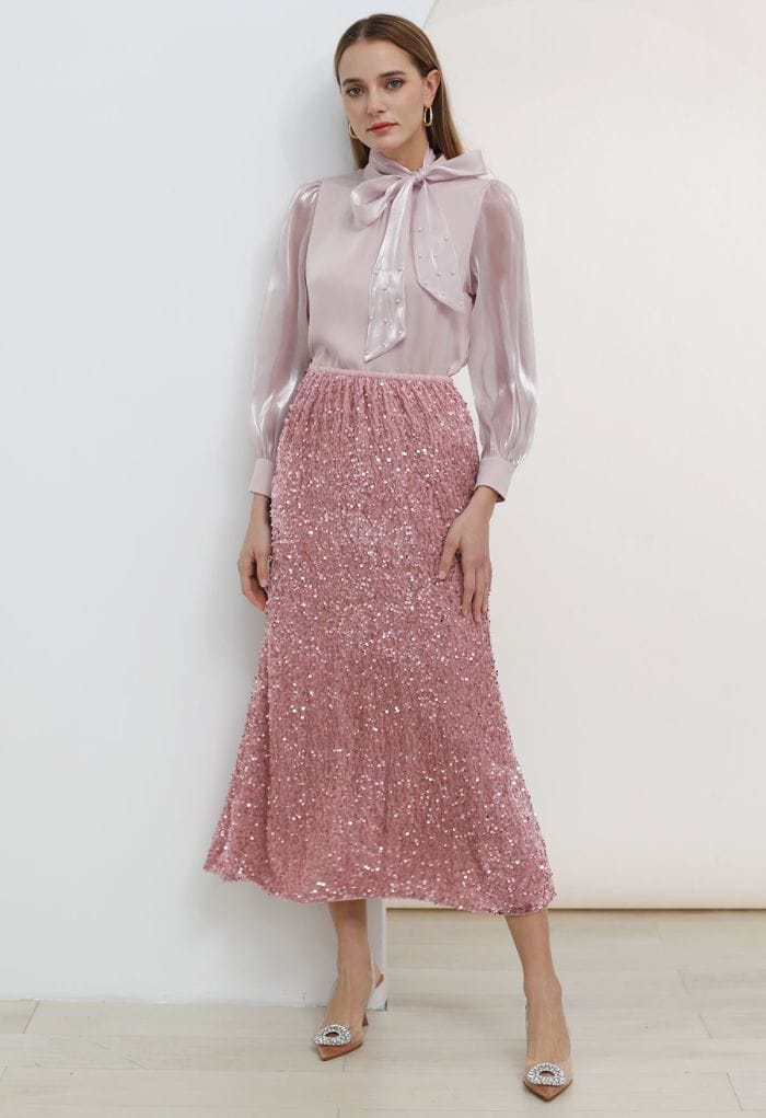 Dazzling Dream Sequin Velvet Maxi Skirt in Pink