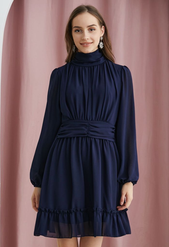 Mock Neck Ruched Waist Airy Chiffon Dress in Navy
