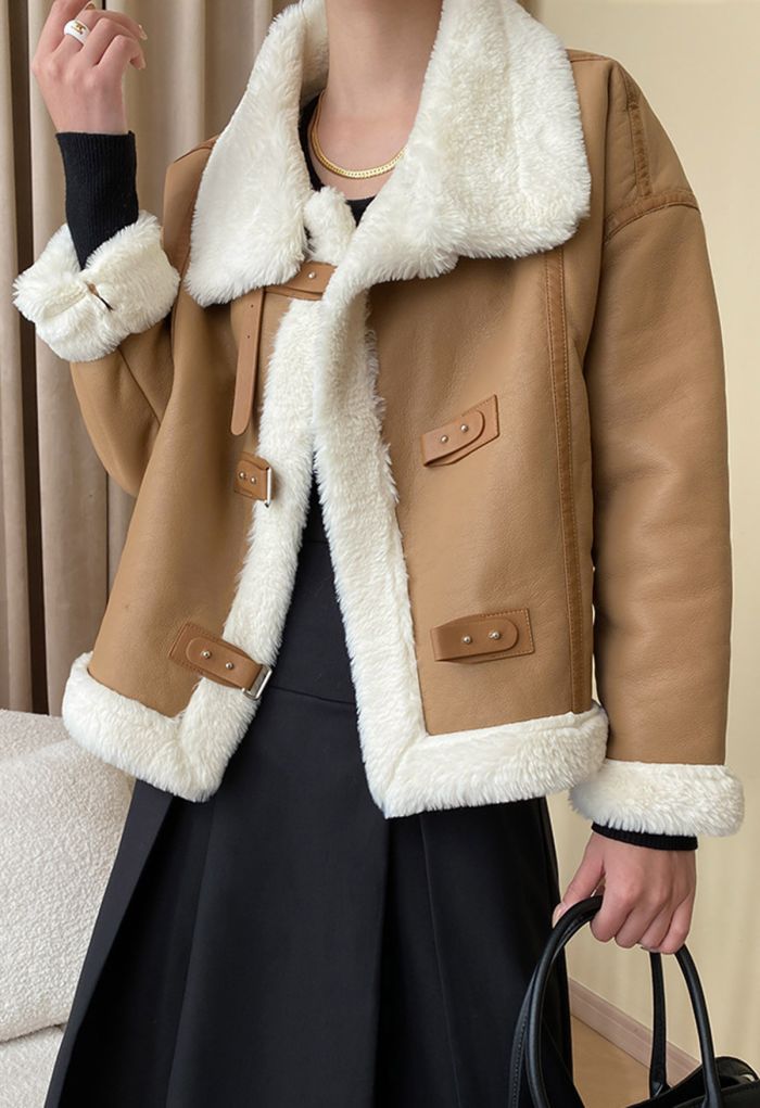Faux Fur Buckle Fastening PU Leather Jacket in Camel