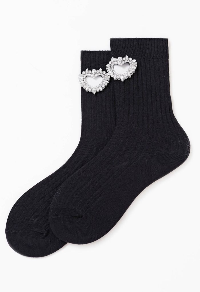 Rhinestone Hollow Out Heart Cotton Socks in Black