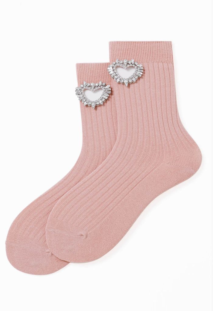 Rhinestone Hollow Out Heart Cotton Socks in Pink