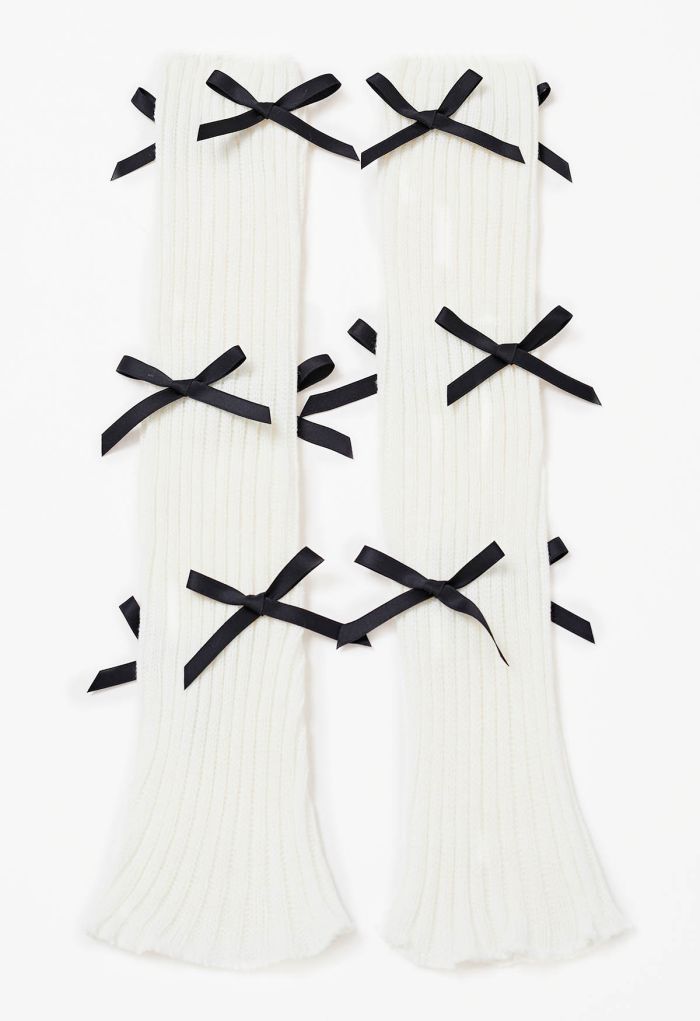 Bowknot Decor Knit Leg Warmers in White