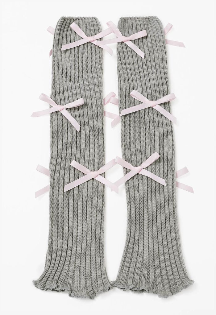 Bowknot Decor Knit Leg Warmers in Grey