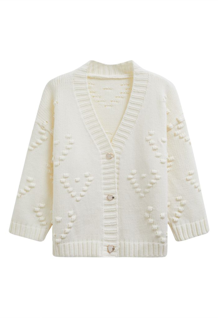 Pom-Pom Hearts Button Down Knit Cardigan in Ivory