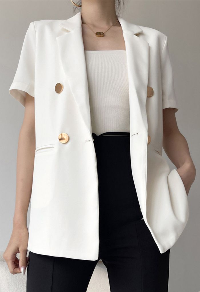 Golden Button Short-Sleeve Blazer in White