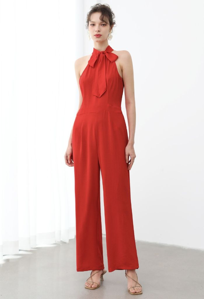 Sleek Bowknot Halter Neck Jumpsuit in Orange