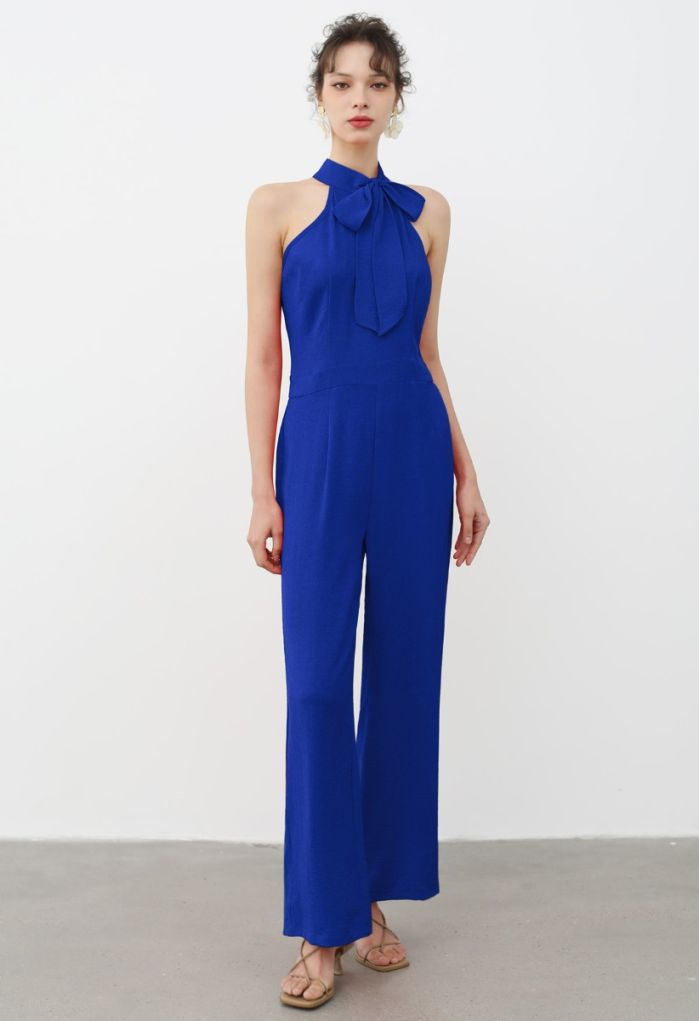 Sleek Bowknot Halter Neck Jumpsuit in Indigo