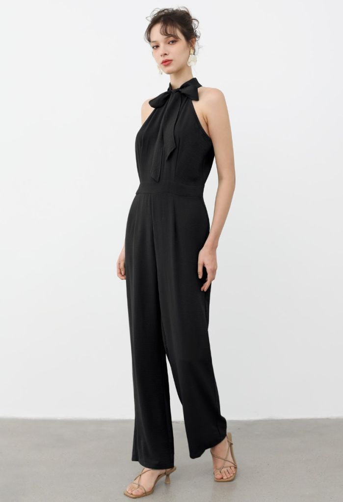 Sleek Bowknot Halter Neck Jumpsuit in Black