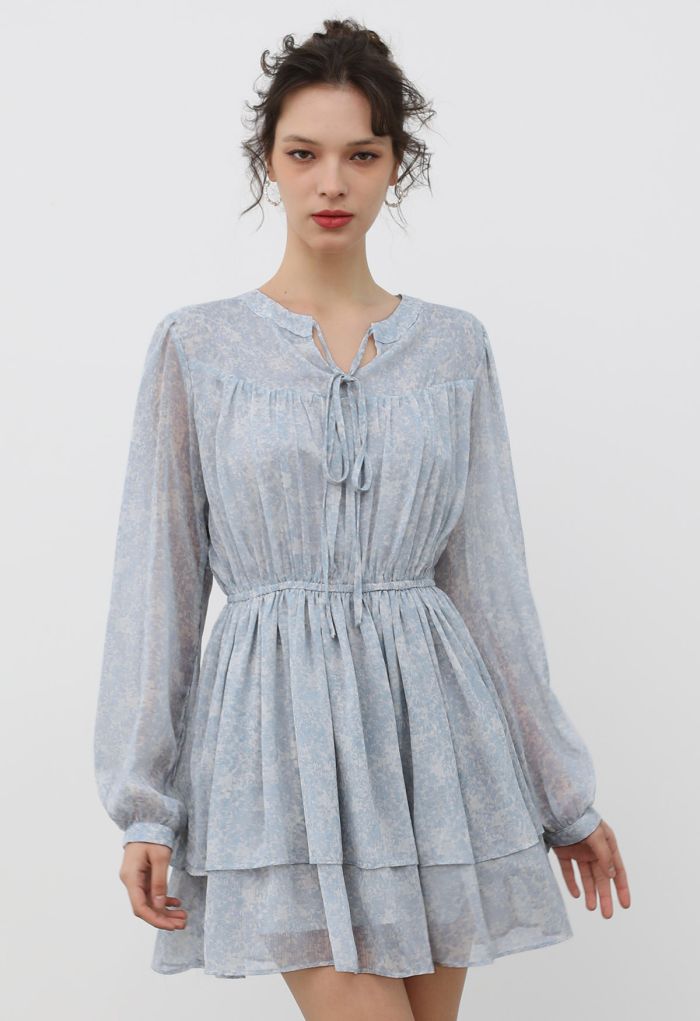 Tie-Neck Floret Tiered Skater Dress in Light Blue