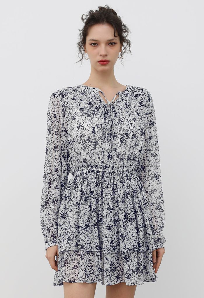 Tie-Neck Floret Tiered Skater Dress in Black