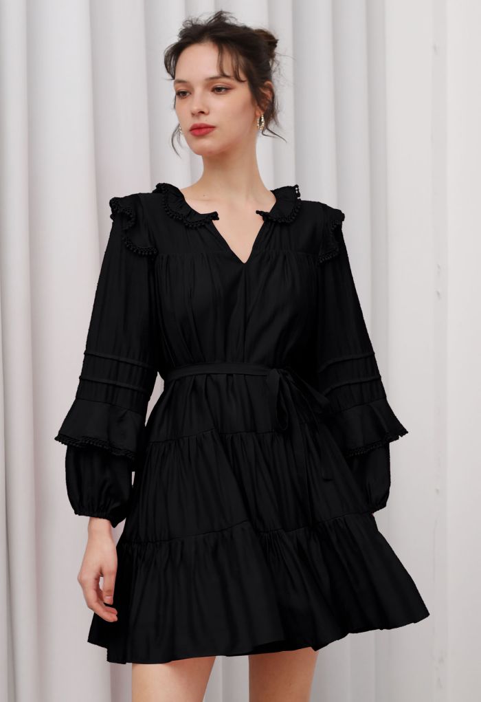 Fringe Detail Tiered Sleeve Mini Dress in Black