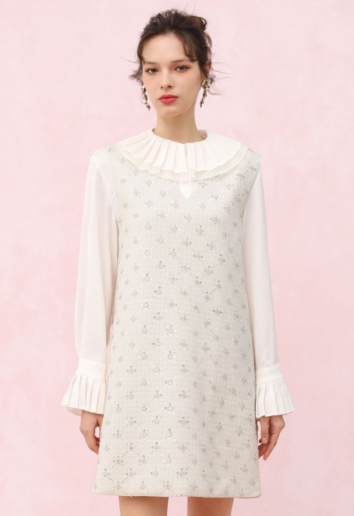 Sequins Trimmed Sleeveless Tweed Dress