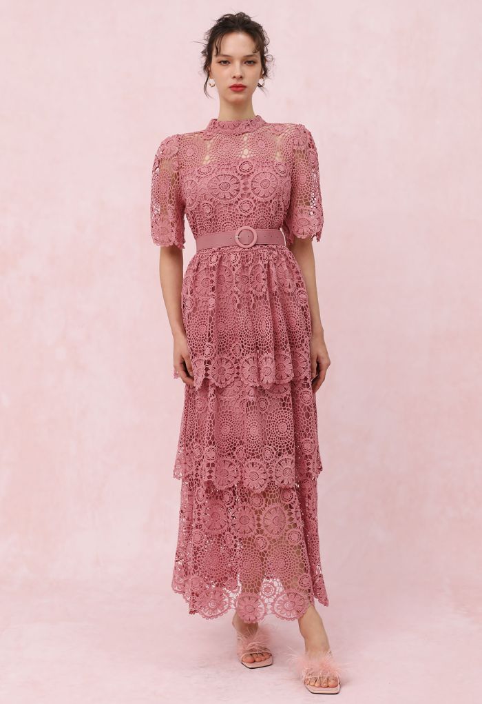 Cutwork Lace Belted Tiered Maxi Dress in Pink