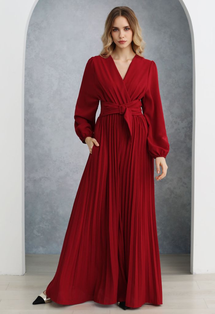 Sash Adorned Wide Leg Pleated Jumpsuit in Red