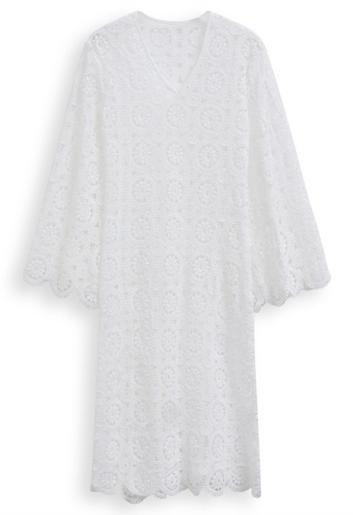 V-Neck Guipure Lace Flare Sleeve Cover-Up Dress in White
