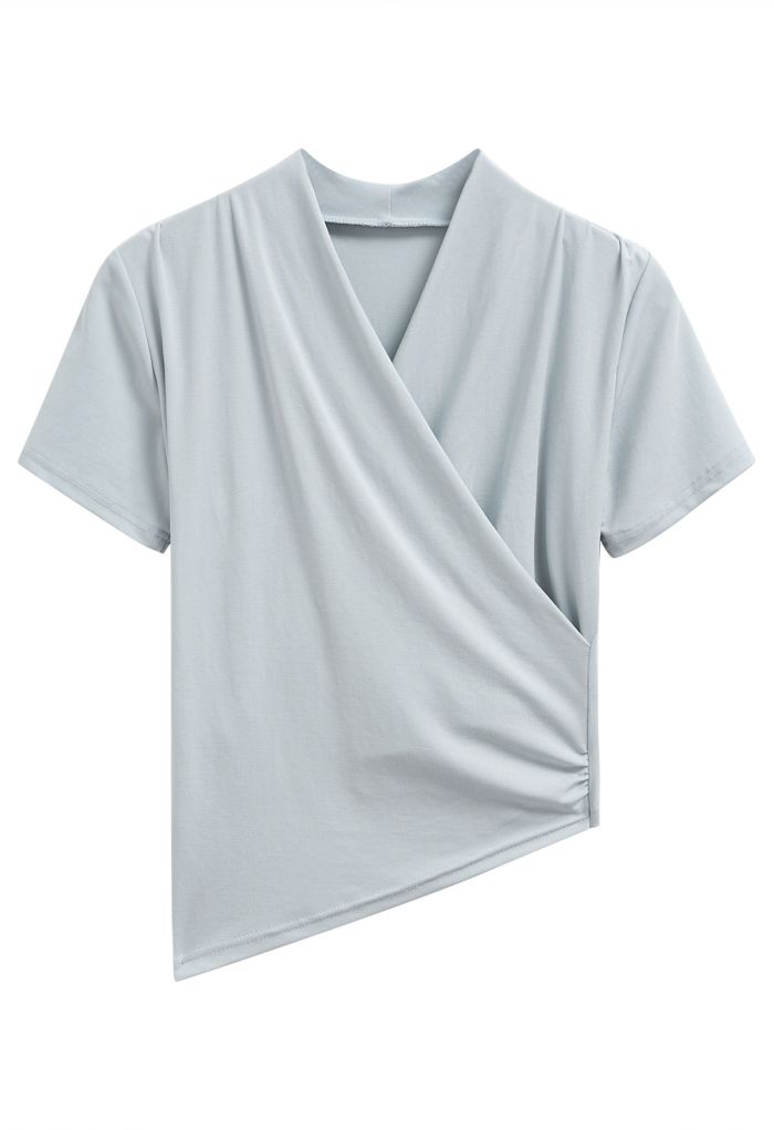 Faux-Wrap Short Sleeve Asymmetric Top in Dusty Blue