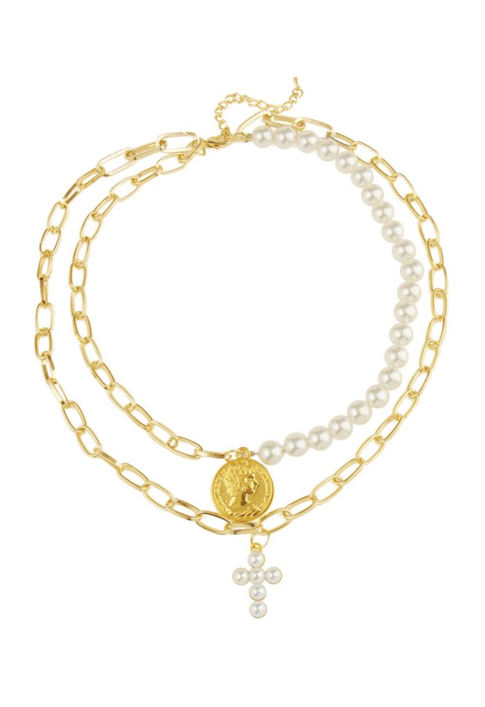 Gold Coin Layered Pearl Chain Necklace