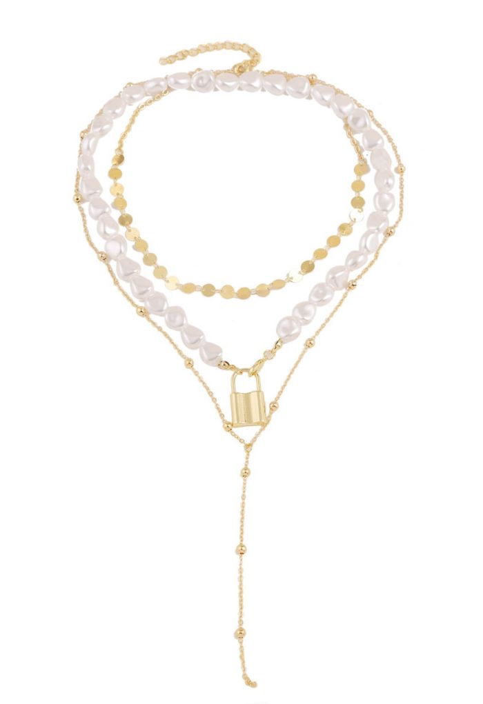 Multi-Layered Coin Pearl Gold Lock Necklace