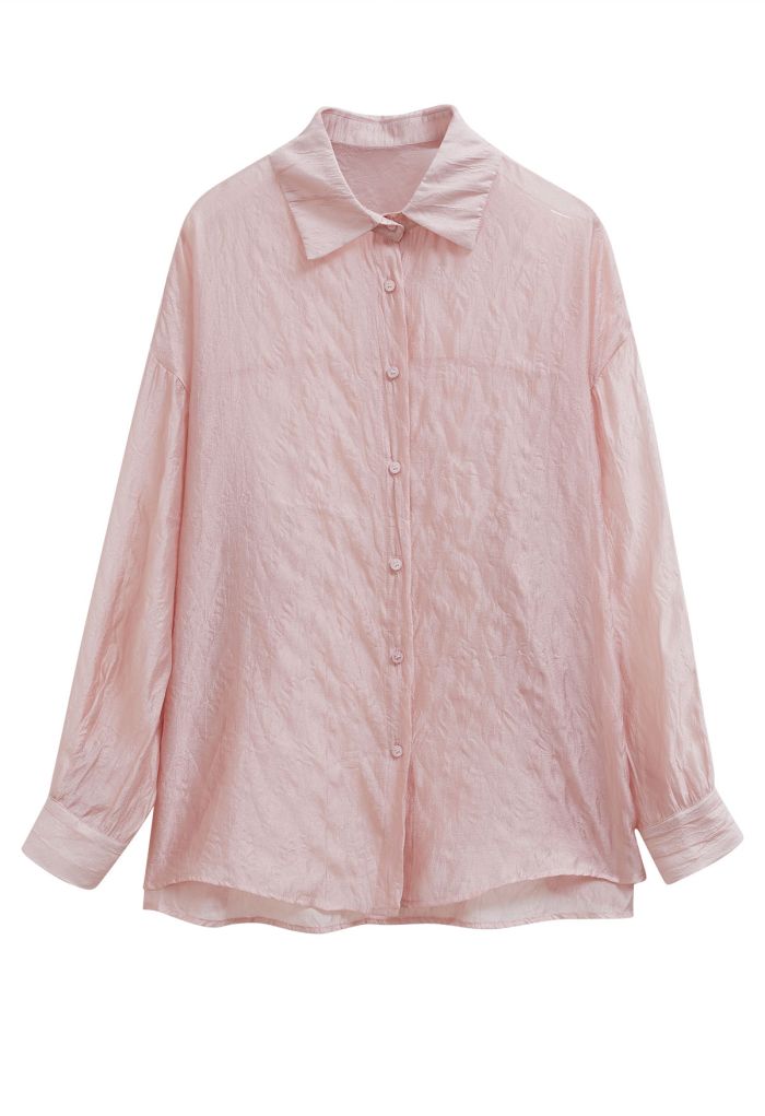 Textured Pink Sheer Buttoned Oversized Shirt