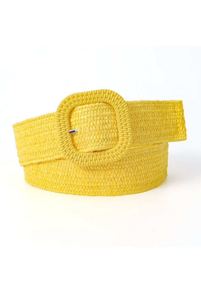 Square Buckle Woven Straw Belt in Yellow