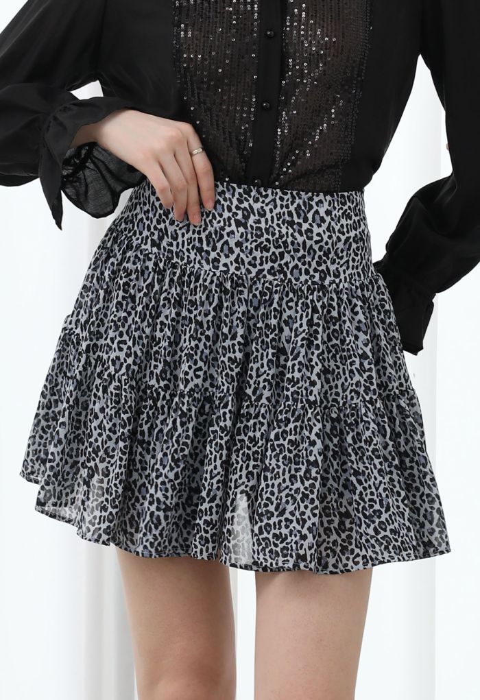 Leopard Printed Flare Chiffon Mini Skirt in Dusty Blue