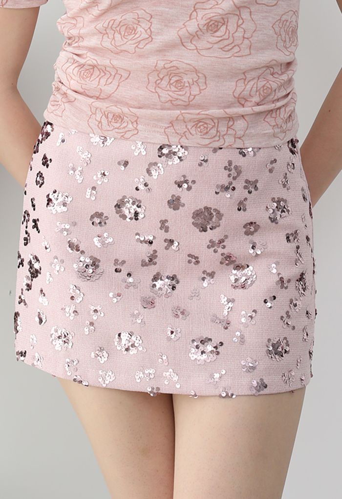 Abundant Charm Sequins Tweed Mini Bud Skirt in Light Pink