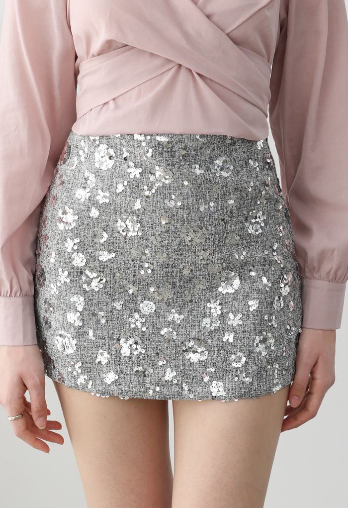 Abundant Charm Sequins Tweed Mini Bud Skirt in Grey