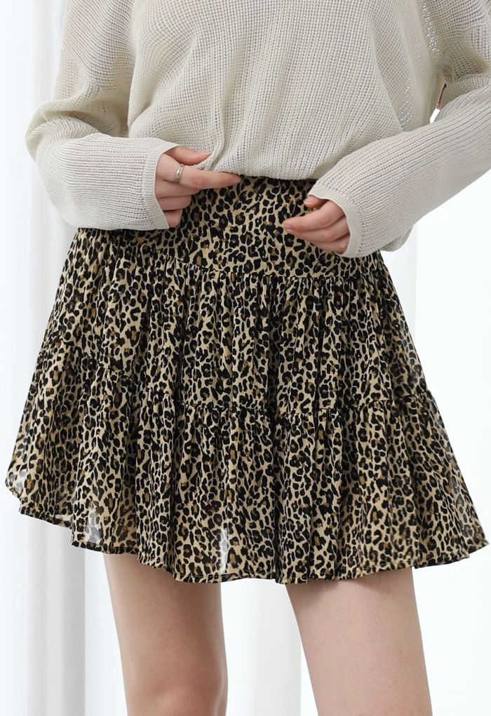 Leopard Printed Flare Chiffon Mini Skirt in Brown
