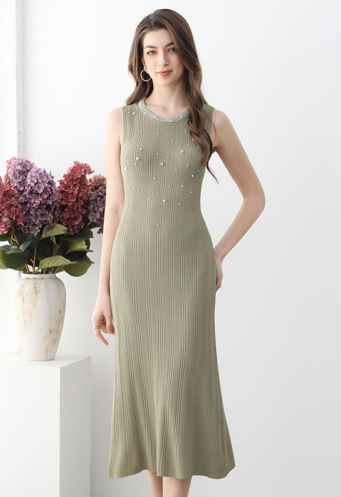 Pearl Neckline Sleeveless Ribbed Knit Dress in Sage