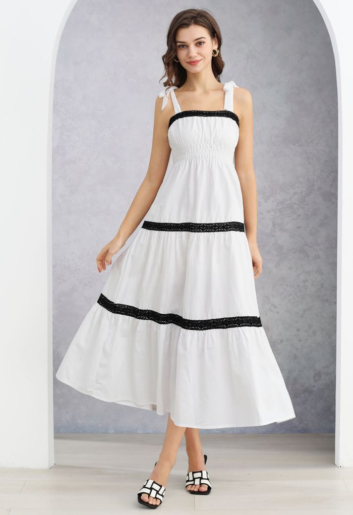 Lace Crochet Shirred Waist Tie-Strap Maxi Dress in White