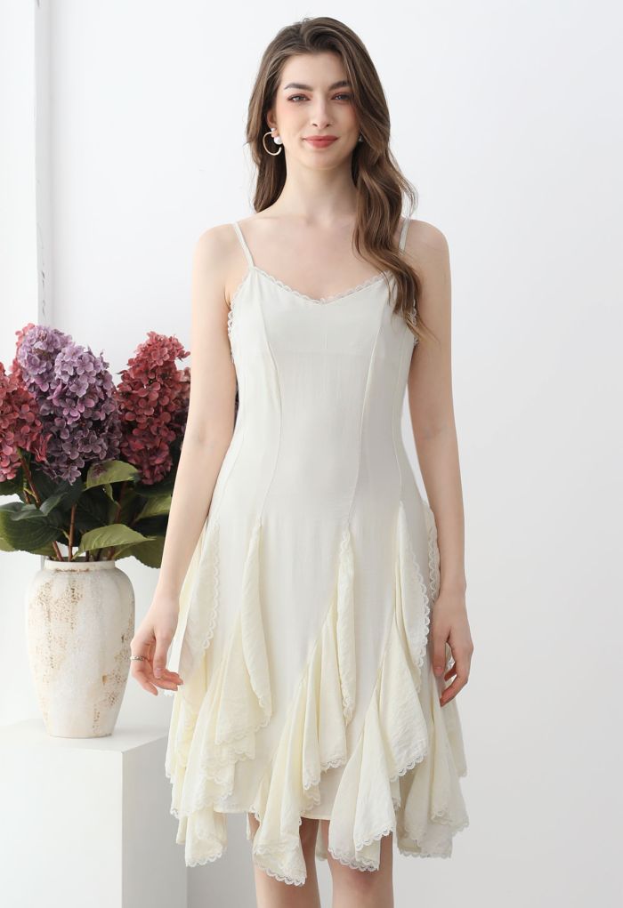 Lace Ruffle Panelled Asymmetric Cami Dress in Cream