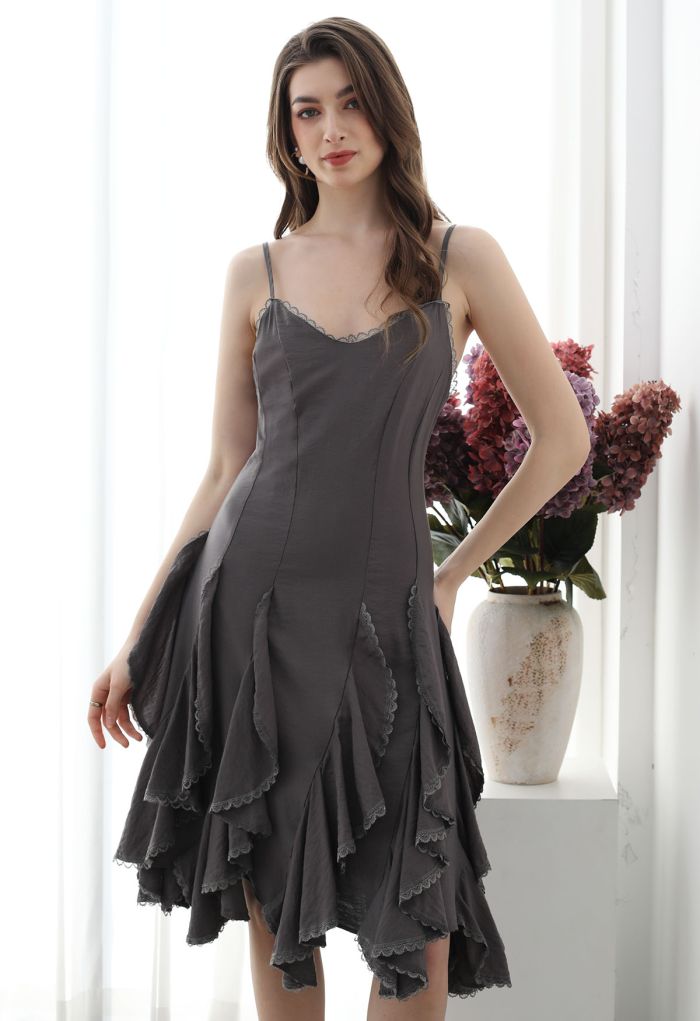 Lace Ruffle Panelled Asymmetric Cami Dress in Smoke
