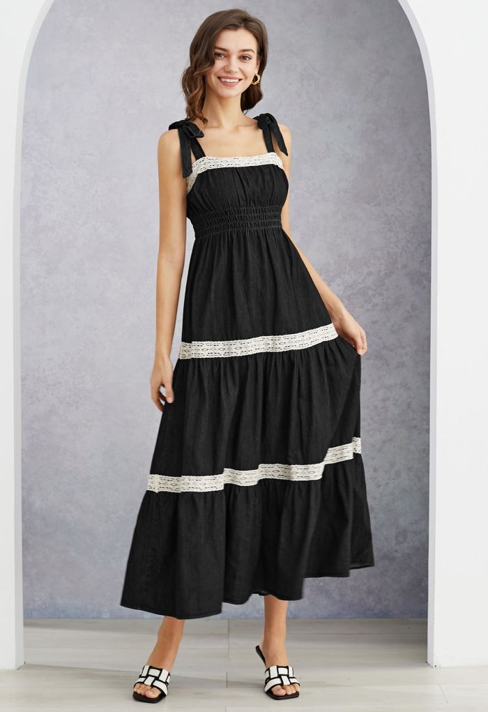 Lace Crochet Shirred Waist Tie-Strap Maxi Dress in Black