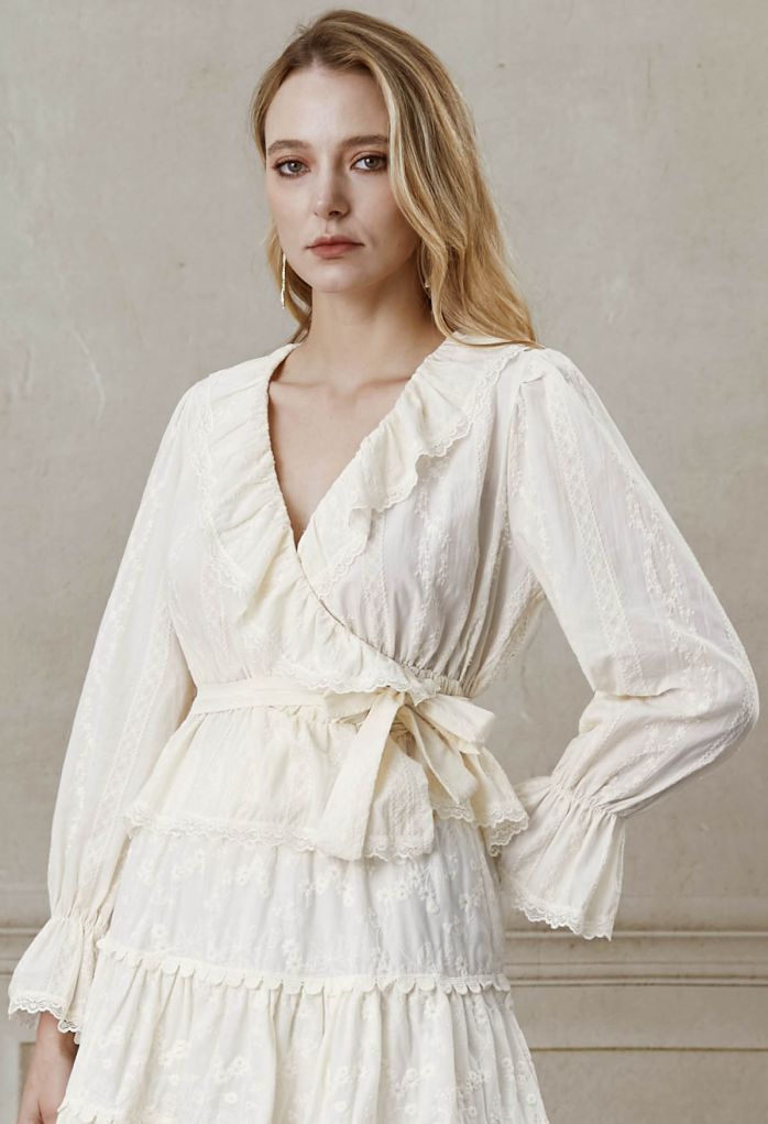 Lace Floret Embroidered Self-Tie Wrap Top in Cream